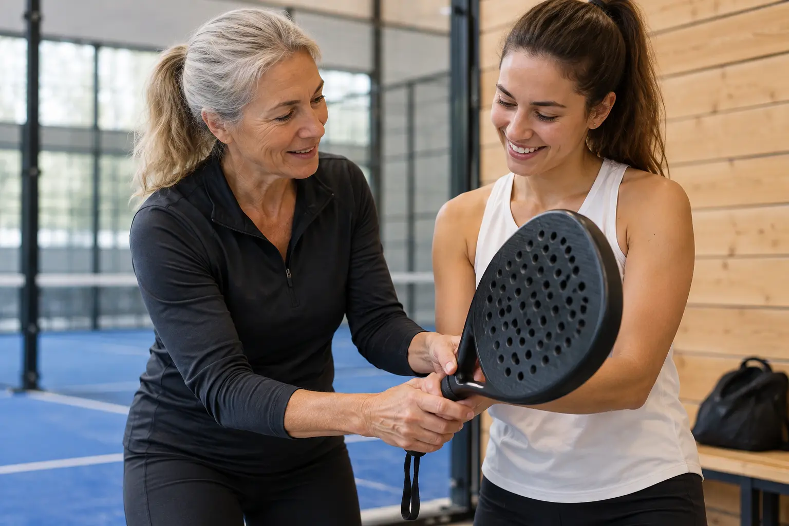 Illusztráció: egy edző a padel alapjait mutatja meg egy felnőtt kezdőnek